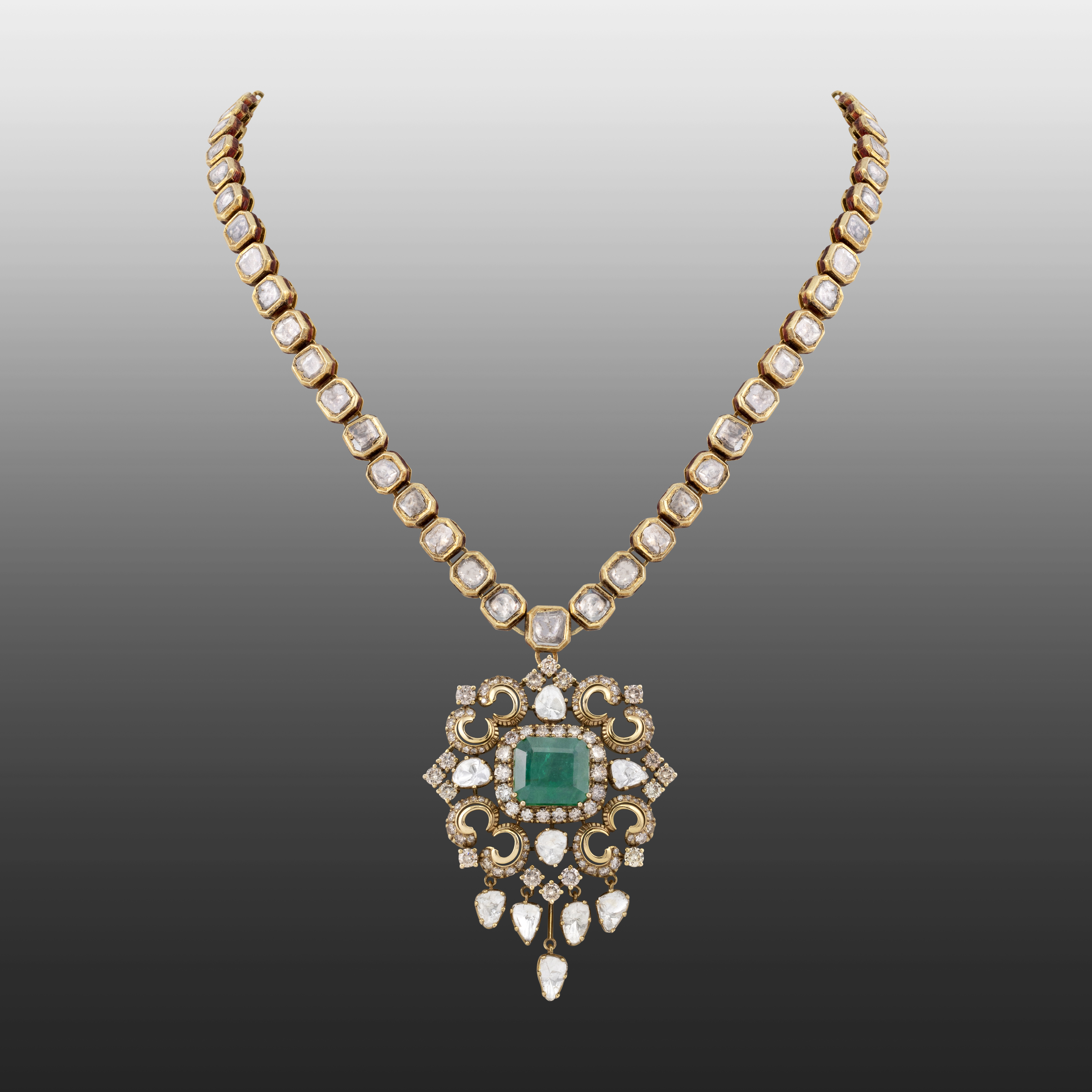 Victorian Pendant with Zambian Emerald and Polki Diamonds